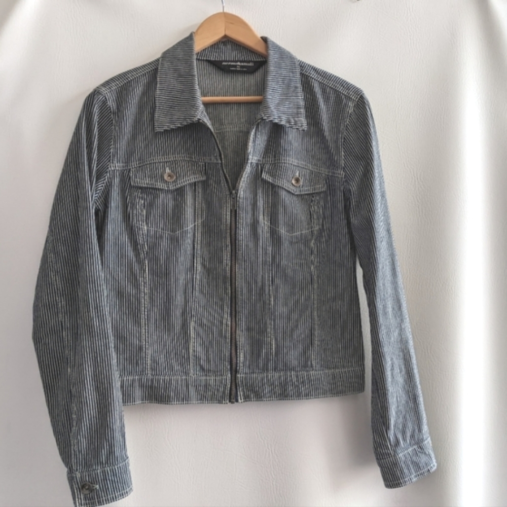 Norma Kamali Denim Cotton Blue White Striped Jean Jacket - L